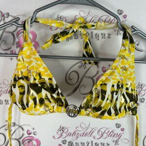 Guess bikini top triangle tie up Yellow and Black Bikini Top y2k metal charm